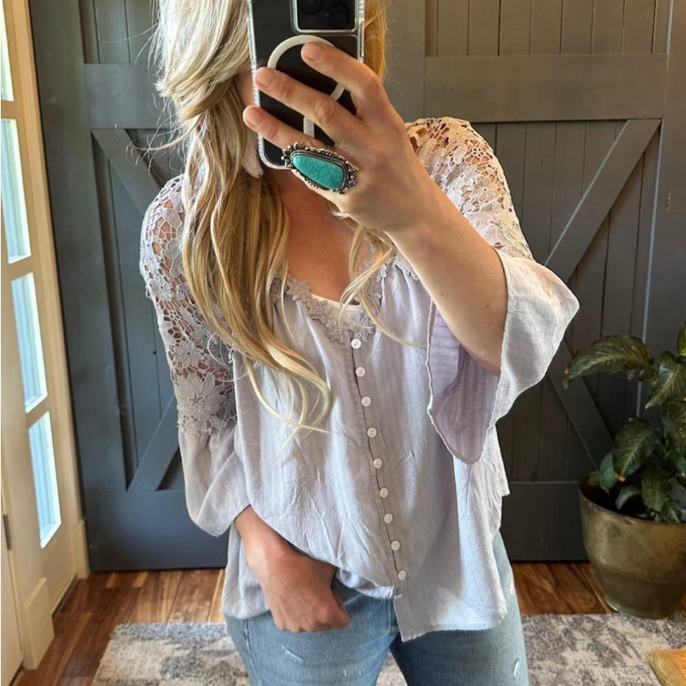 New Boho Grey Lace Festival Button Front Blouse Western Boutique Vintage Top